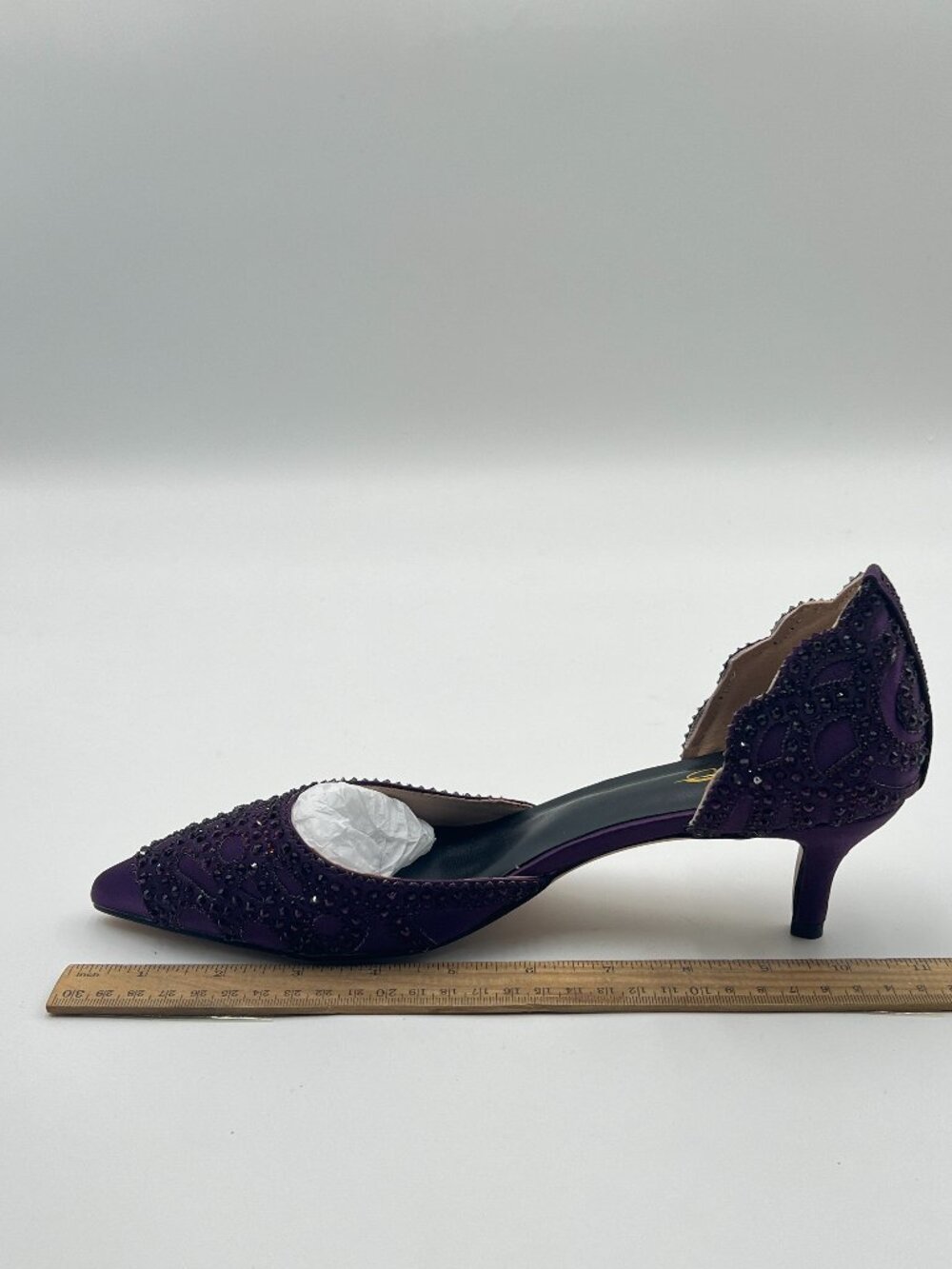 XYD Purple Pumps, Elegant Pointed Toe, D'Orsay Kitten Low Heels, Rhinestone Shoe